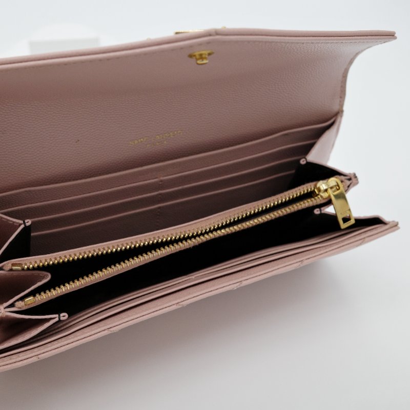 Saint Laurent 聖羅蘭 Cassandre 櫻花粉 牛皮 絎縫 皮革錢包 長錢包 （有送改造鏈條包配件）-12
