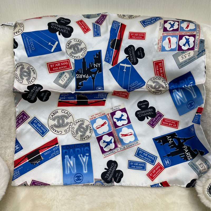 Chanel 香奈兒 徽章系列 全絲絲巾 紅色白色藍色I812-1