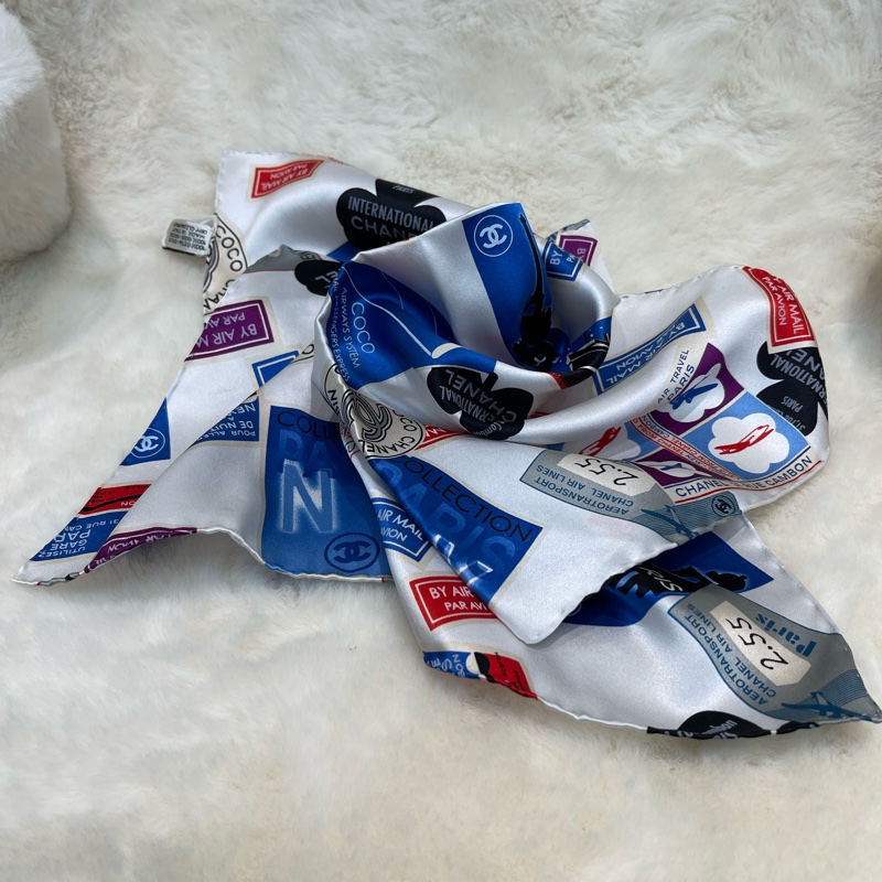 Chanel 香奈兒 徽章系列 全絲絲巾 紅色白色藍色I812-3