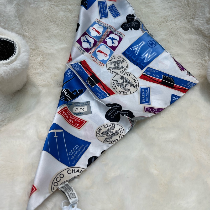 Chanel 香奈兒 徽章系列 全絲絲巾 紅色白色藍色I812-4