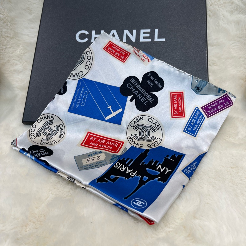 Chanel 香奈兒 徽章系列 全絲絲巾 紅色白色藍色I812-6
