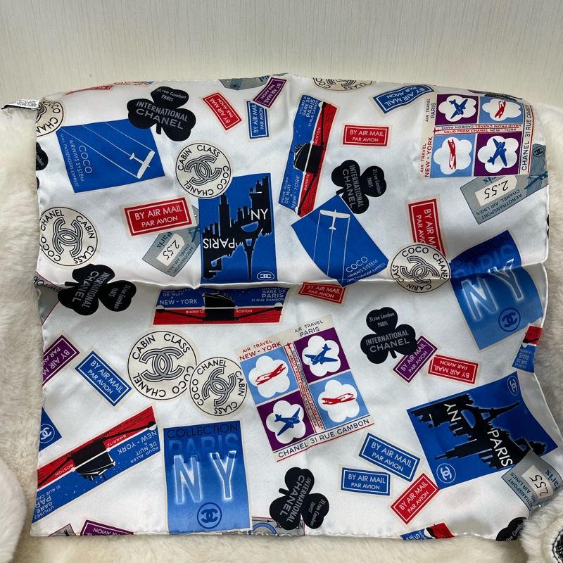 Chanel 香奈兒 徽章系列 全絲絲巾 紅色白色藍色I812-10