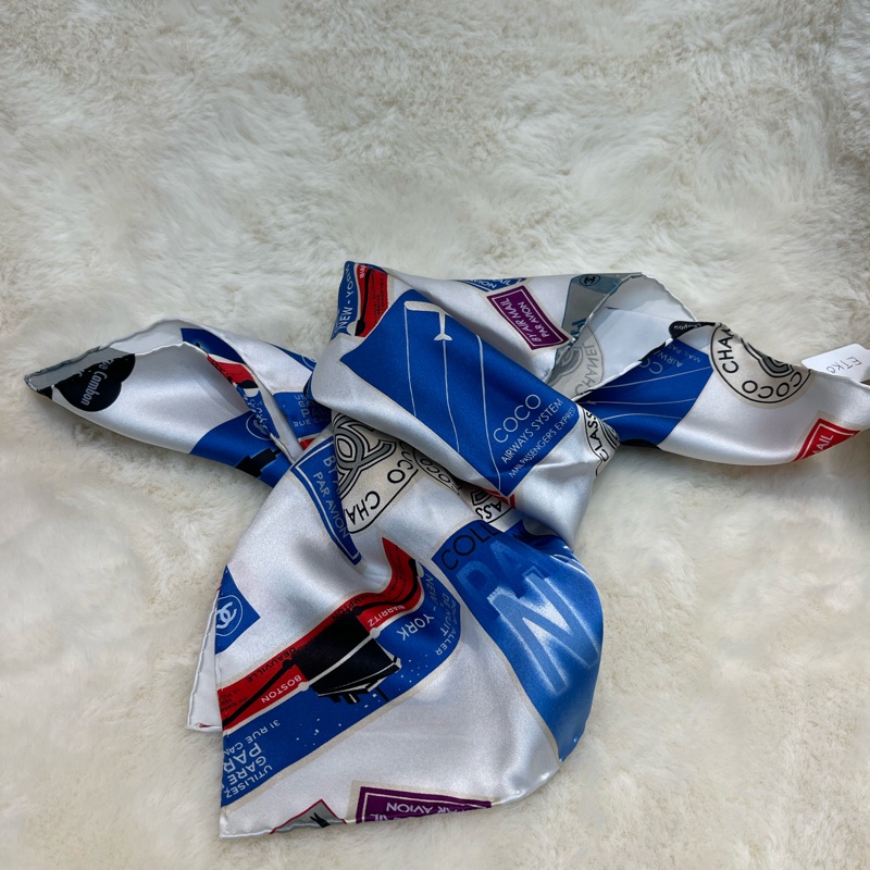 Chanel 香奈兒 徽章系列 全絲絲巾 紅色白色藍色I812-11