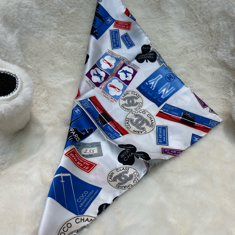 Chanel 香奈兒 徽章系列 全絲絲巾 紅色白色藍色I812-13