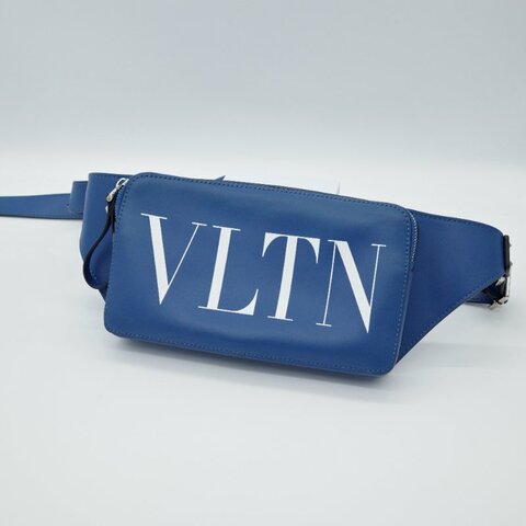 Valentino范倫鐵諾 藍色 Logo印花皮革 腰包