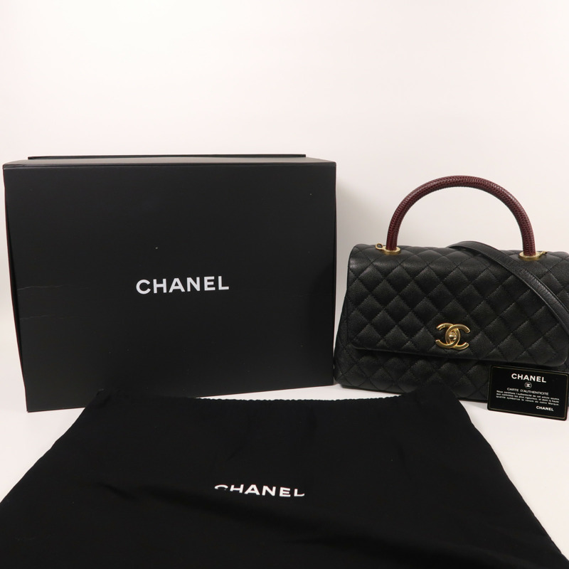 CHANEL 牛皮皮革/蜥蝪皮革Coco Handle Medium金扣手挽肩背兩用袋-10