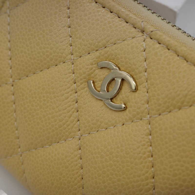 CHANEL香奈兒 Caviar Skin 亮面小牛皮 鵝黃色 經典拉鍊零錢包-4