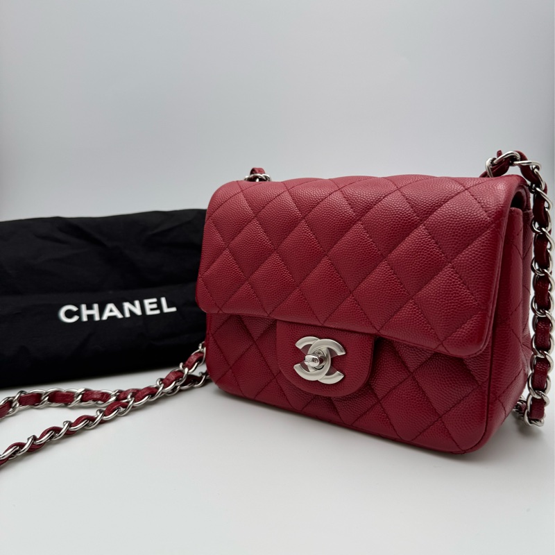 Chanel香奈兒 cf 方胖子酒紅色銀扣荔枝皮-0