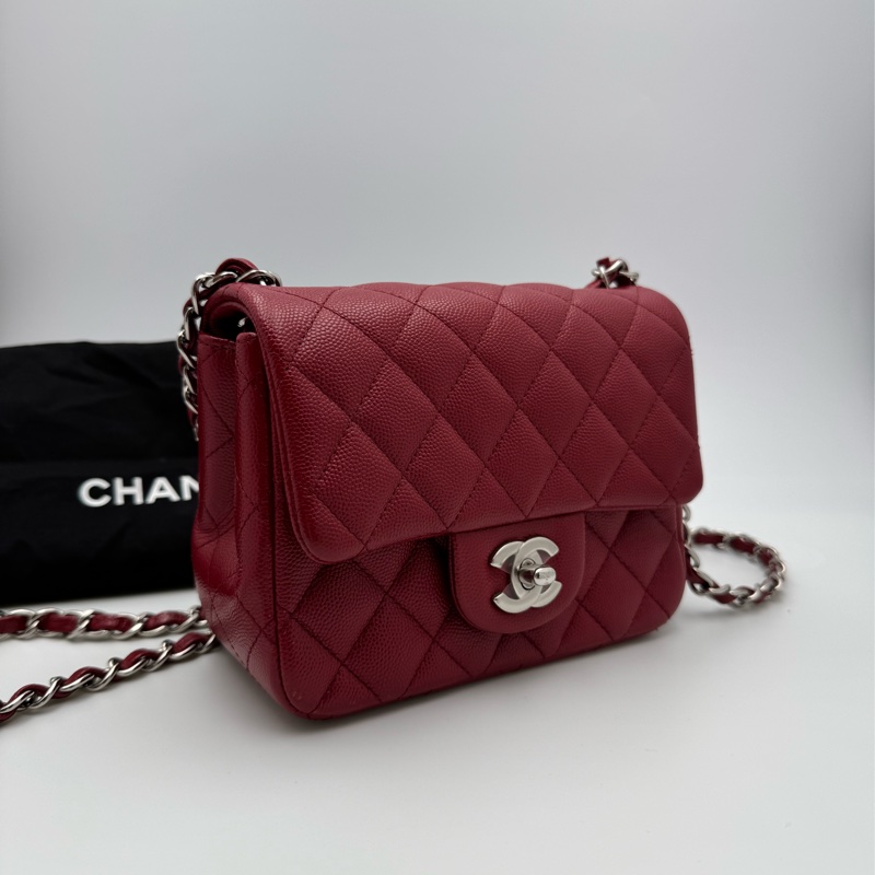 Chanel香奈兒 cf 方胖子酒紅色銀扣荔枝皮-2