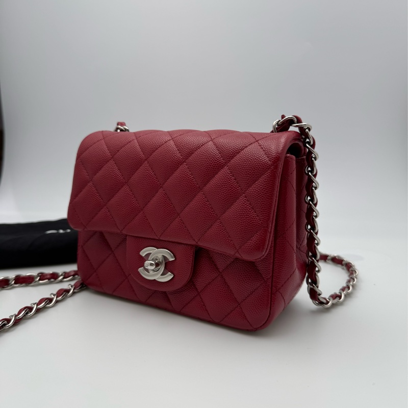 Chanel香奈兒 cf 方胖子酒紅色銀扣荔枝皮-3