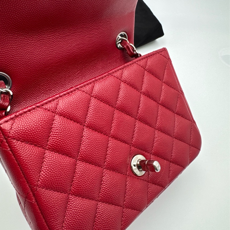 Chanel香奈兒 cf 方胖子酒紅色銀扣荔枝皮-8