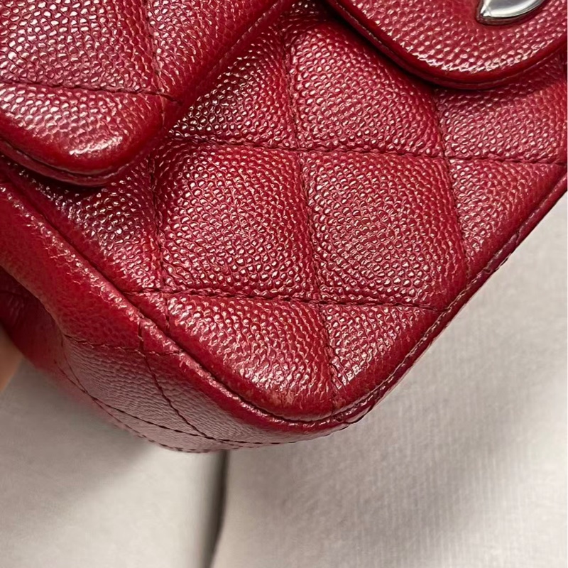 Chanel香奈兒 cf 方胖子酒紅色銀扣荔枝皮-11