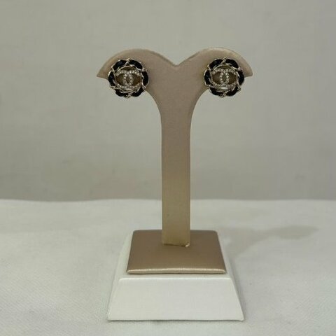 CHANEL皮穿鍊圓形水鑽雙C耳環