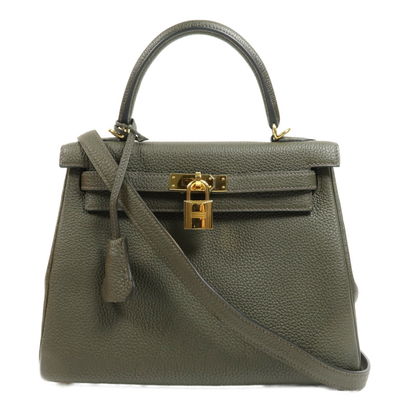 HERMES Togo皮革Kelly 25金扣手挽肩背兩用袋Vert de Gris-0