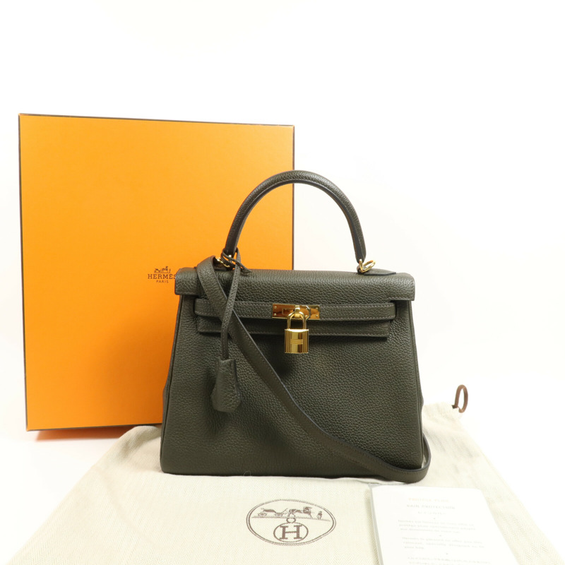 HERMES Togo皮革Kelly 25金扣手挽肩背兩用袋Vert de Gris-7