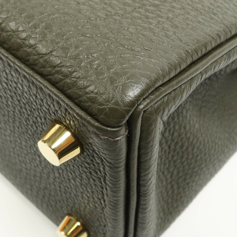 HERMES Togo皮革Kelly 25金扣手挽肩背兩用袋Vert de Gris-10