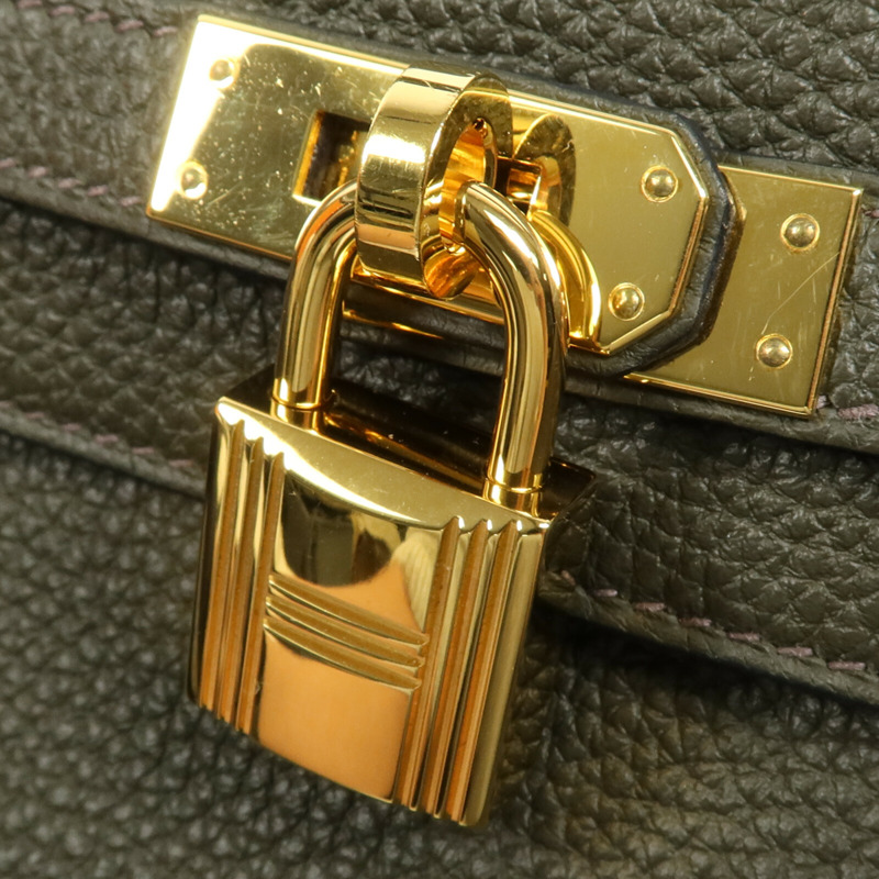 HERMES Togo皮革Kelly 25金扣手挽肩背兩用袋Vert de Gris-12