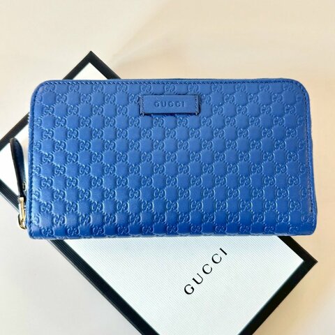 GUCCI 壓紋 牛皮 藍色 logo 12卡 拉鍊 長夾 449391