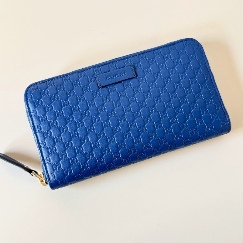 GUCCI 壓紋 牛皮 藍色 logo 12卡 拉鍊 長夾 449391-1