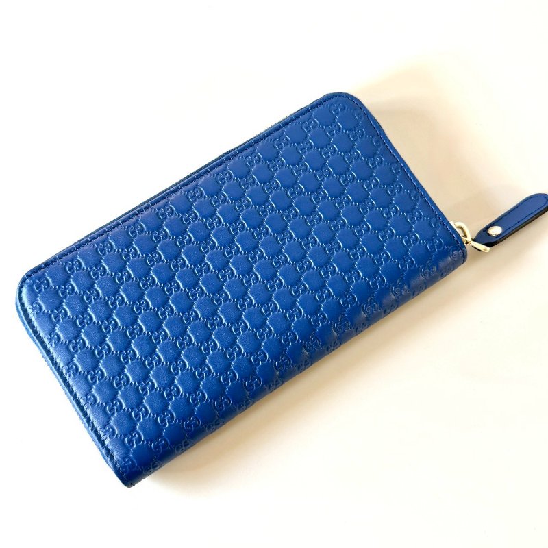 GUCCI 壓紋 牛皮 藍色 logo 12卡 拉鍊 長夾 449391-2