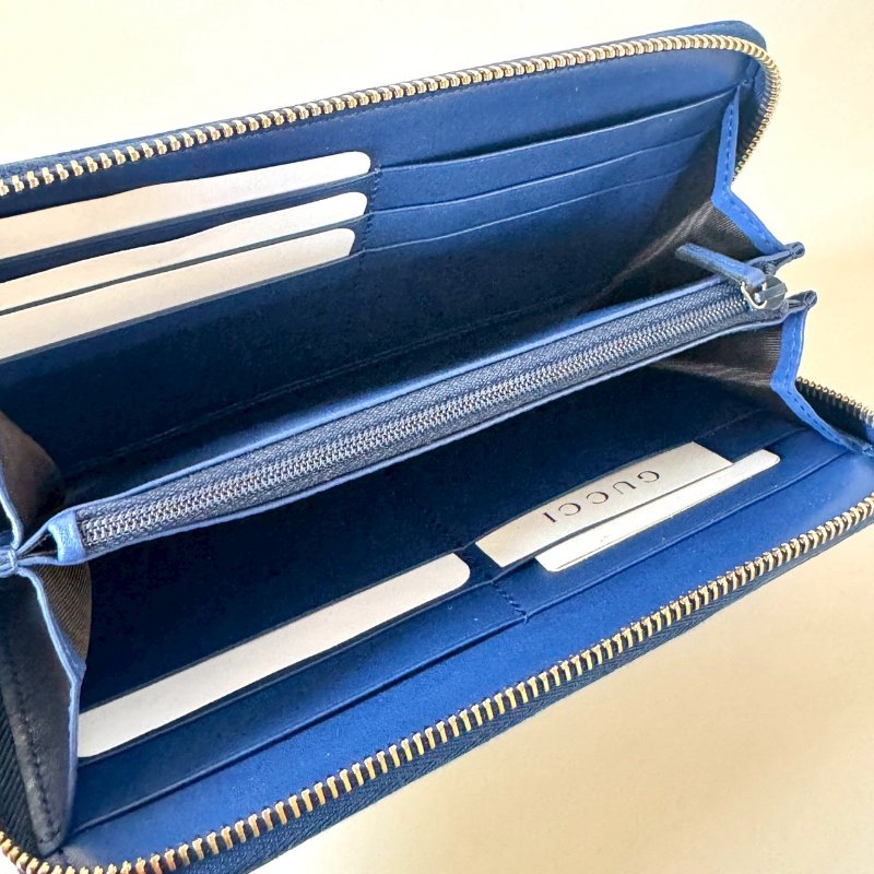 GUCCI 壓紋 牛皮 藍色 logo 12卡 拉鍊 長夾 449391-4