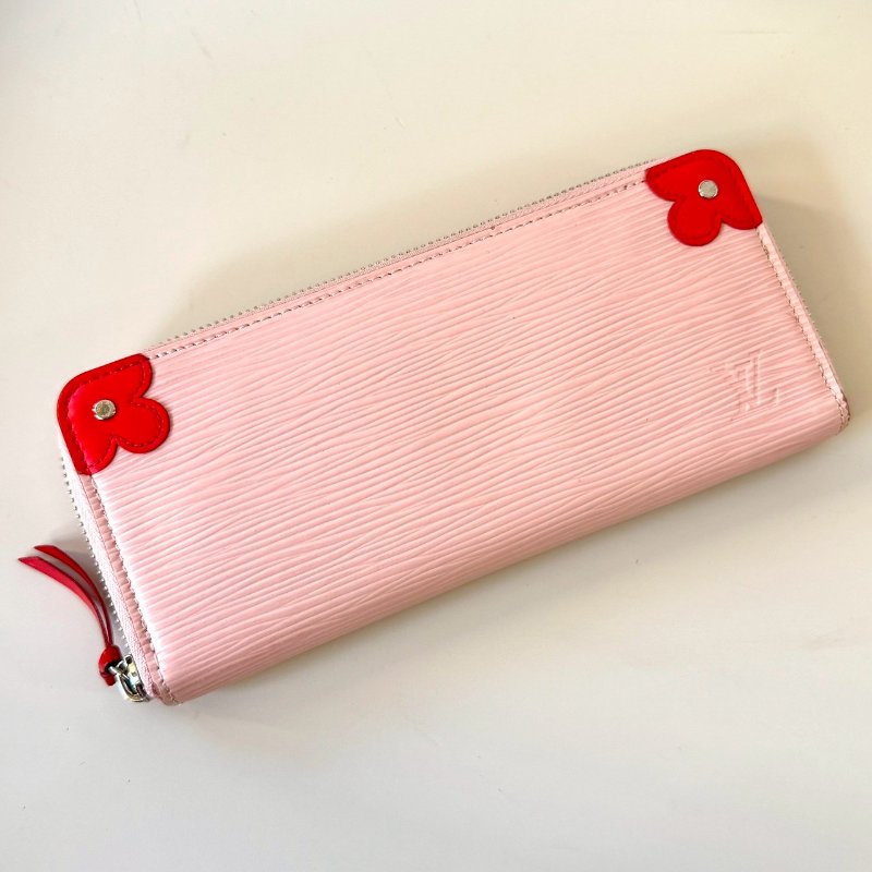 LV 粉色 水波紋 EPI 紅色 小花 牛皮 窄版 12卡 拉鍊 長夾 M62967-1