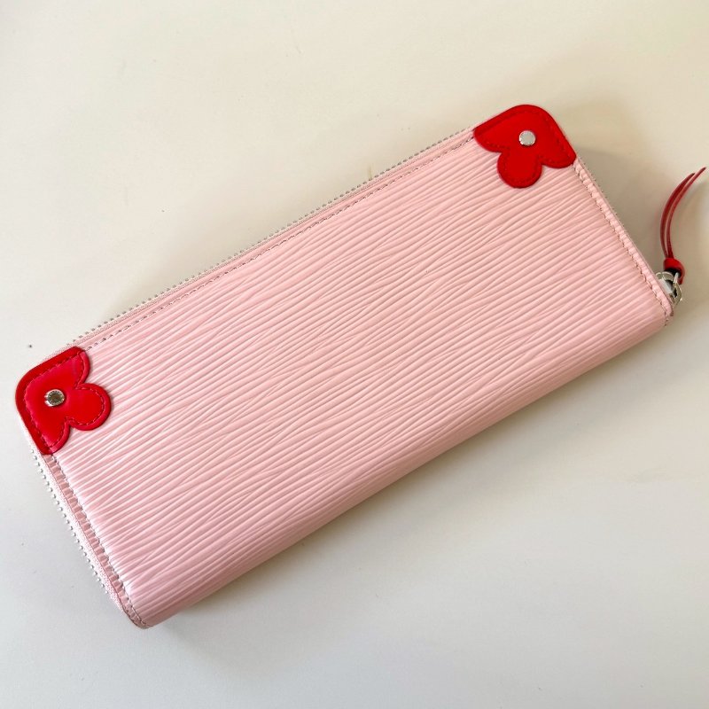LV 粉色 水波紋 EPI 紅色 小花 牛皮 窄版 12卡 拉鍊 長夾 M62967-2