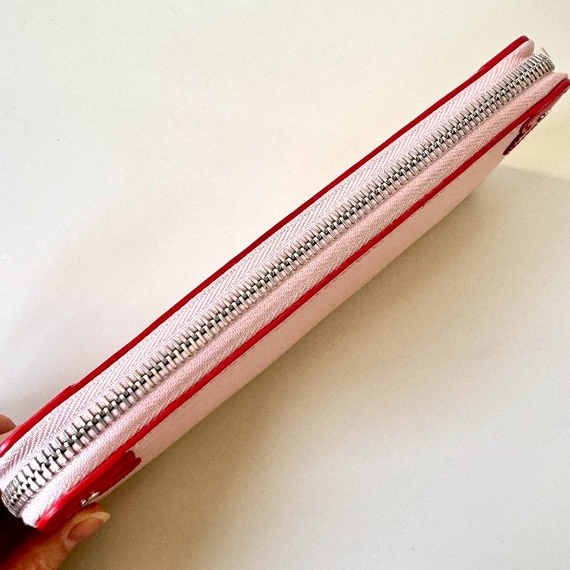 LV 粉色 水波紋 EPI 紅色 小花 牛皮 窄版 12卡 拉鍊 長夾 M62967-7