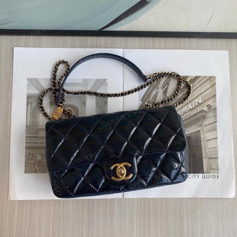 Chanel 深藍色漆皮拼皮 大mini斜挎鏈條包