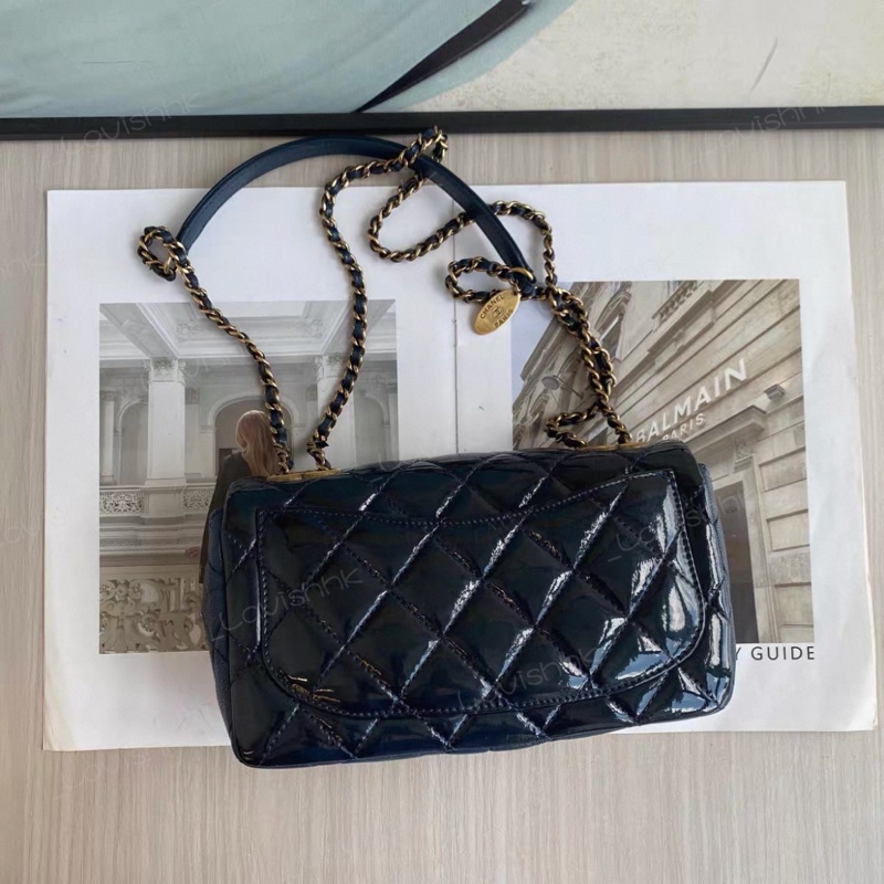 Chanel 深藍色漆皮拼皮 大mini斜挎鏈條包-1