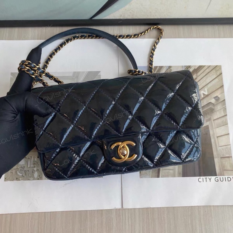 Chanel 深藍色漆皮拼皮 大mini斜挎鏈條包-2