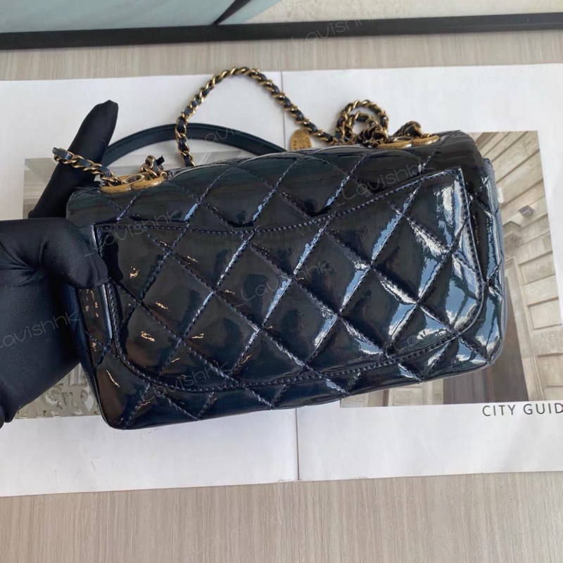 Chanel 深藍色漆皮拼皮 大mini斜挎鏈條包-3