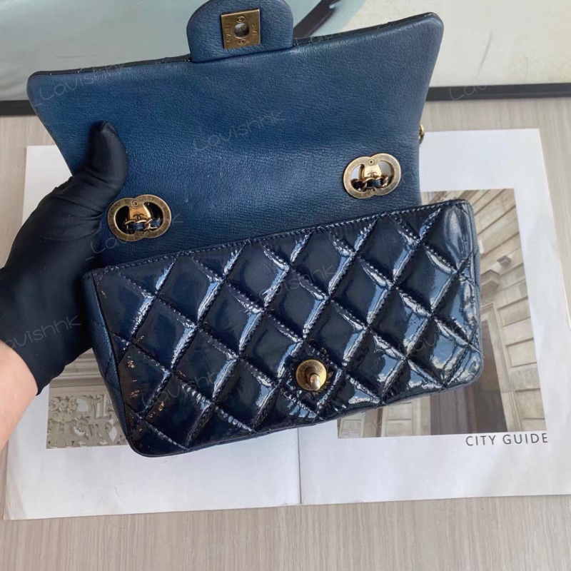 Chanel 深藍色漆皮拼皮 大mini斜挎鏈條包-6