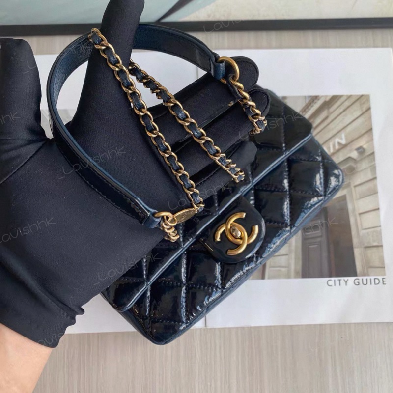 Chanel 深藍色漆皮拼皮 大mini斜挎鏈條包-8