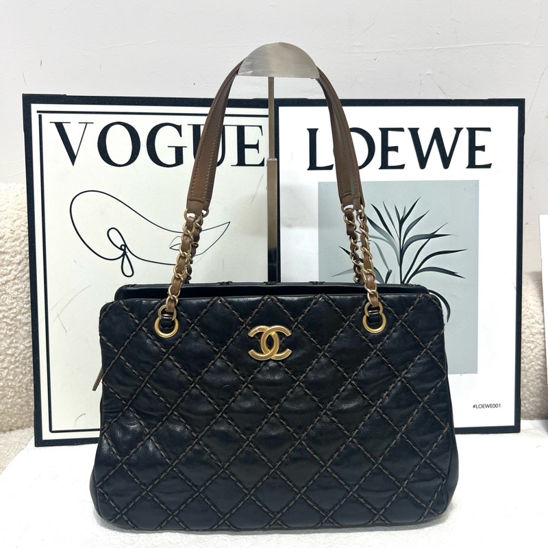 Chanel 復古拼色 外縫線托特tote單肩包 底長約33-0