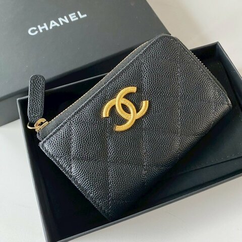 CHANEL 黑色 荔枝牛皮 金色 金屬絲紋 大CC 拉鍊 鑰匙 卡包 零錢包 桃紅色內裡