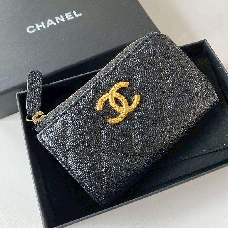 CHANEL 黑色 荔枝牛皮 金色 金屬絲紋 大CC 拉鍊 鑰匙 卡包 零錢包 桃紅色內裡-0