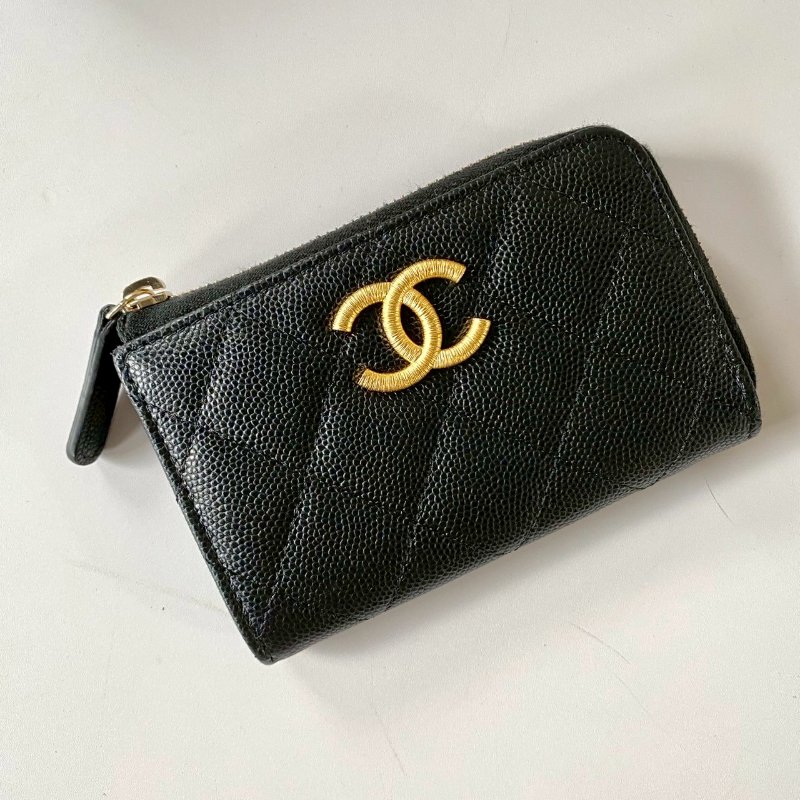 CHANEL 黑色 荔枝牛皮 金色 金屬絲紋 大CC 拉鍊 鑰匙 卡包 零錢包 桃紅色內裡-1