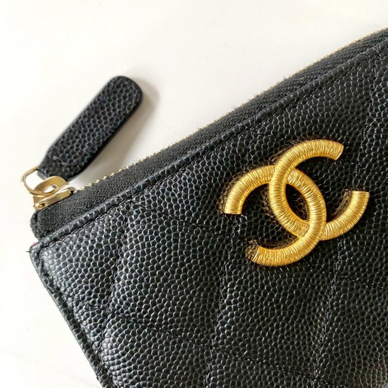 CHANEL 黑色 荔枝牛皮 金色 金屬絲紋 大CC 拉鍊 鑰匙 卡包 零錢包 桃紅色內裡-3