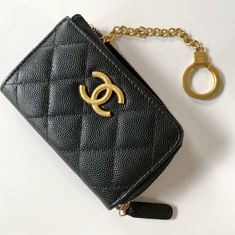 CHANEL 黑色 荔枝牛皮 金色 金屬絲紋 大CC 拉鍊 鑰匙 卡包 零錢包 桃紅色內裡-4