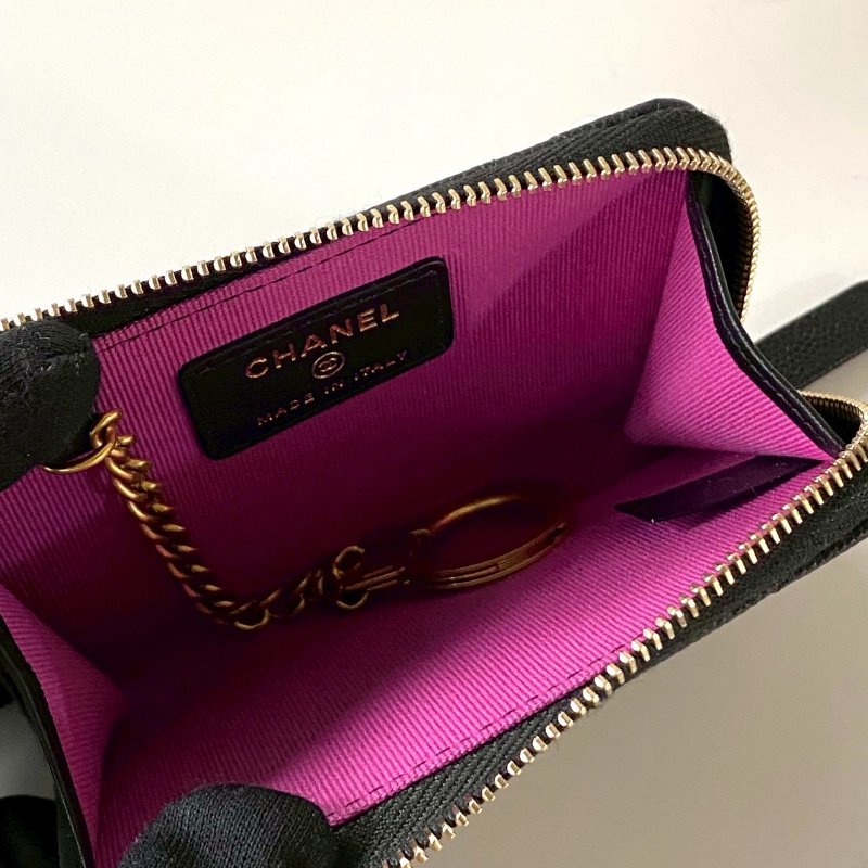 CHANEL 黑色 荔枝牛皮 金色 金屬絲紋 大CC 拉鍊 鑰匙 卡包 零錢包 桃紅色內裡-5