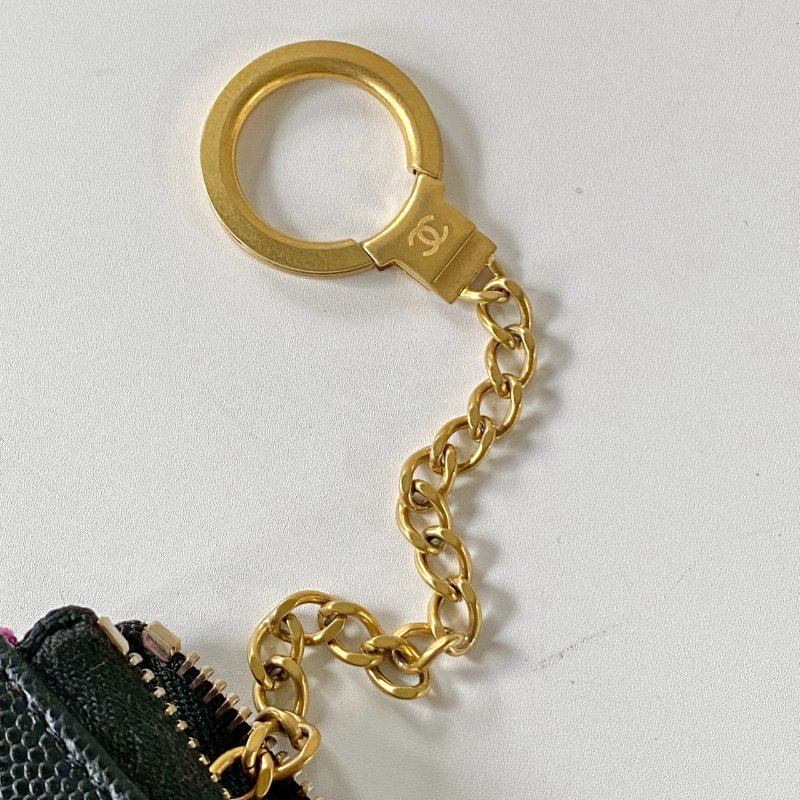 CHANEL 黑色 荔枝牛皮 金色 金屬絲紋 大CC 拉鍊 鑰匙 卡包 零錢包 桃紅色內裡-6