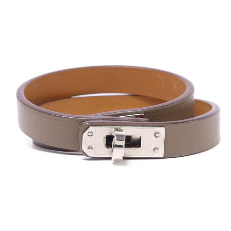 HERMES Swift皮革Mini Kelly Double Tour銀扣手鐲Etoupe-0