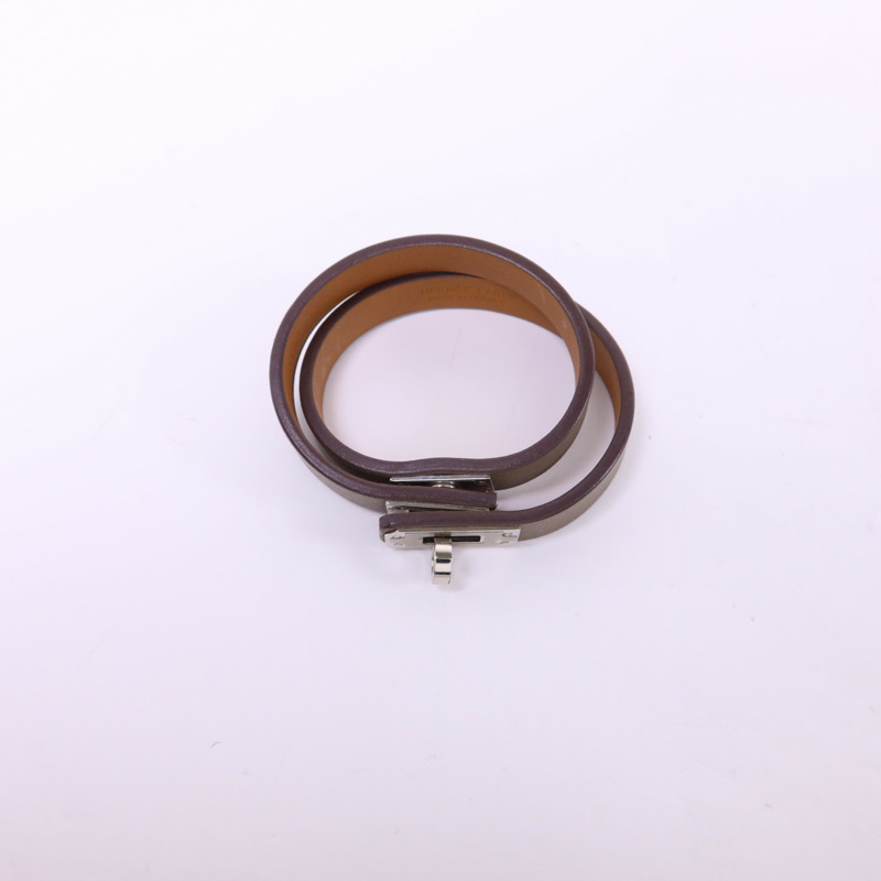 HERMES Swift皮革Mini Kelly Double Tour銀扣手鐲Etoupe-5