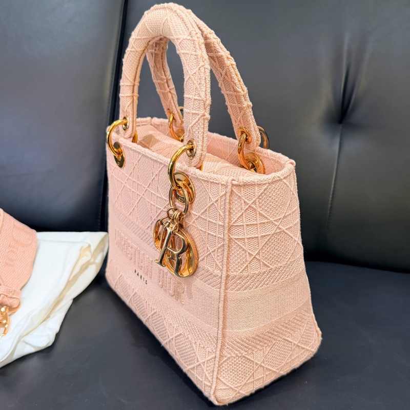 DIOR 粉色藤格紋金扣 帆布戴妃包 20年編碼 尺寸約24×11×20cm-3