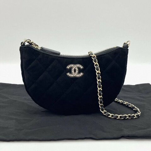 CHANEL 24vic黑金水鑽雙C絲絨鏈條月牙包 17*10*3.5 99新配件塵袋