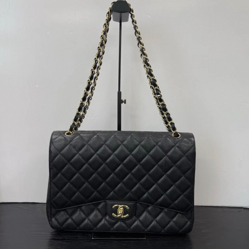 CHANEL maxi 黑金荔枝牛皮穿鏈肩背斜背包 30*22*9 98新配件塵袋-1