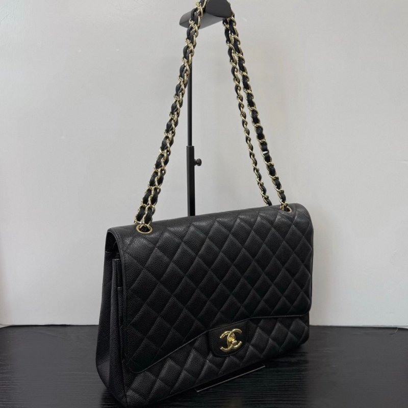 CHANEL maxi 黑金荔枝牛皮穿鏈肩背斜背包 30*22*9 98新配件塵袋-6