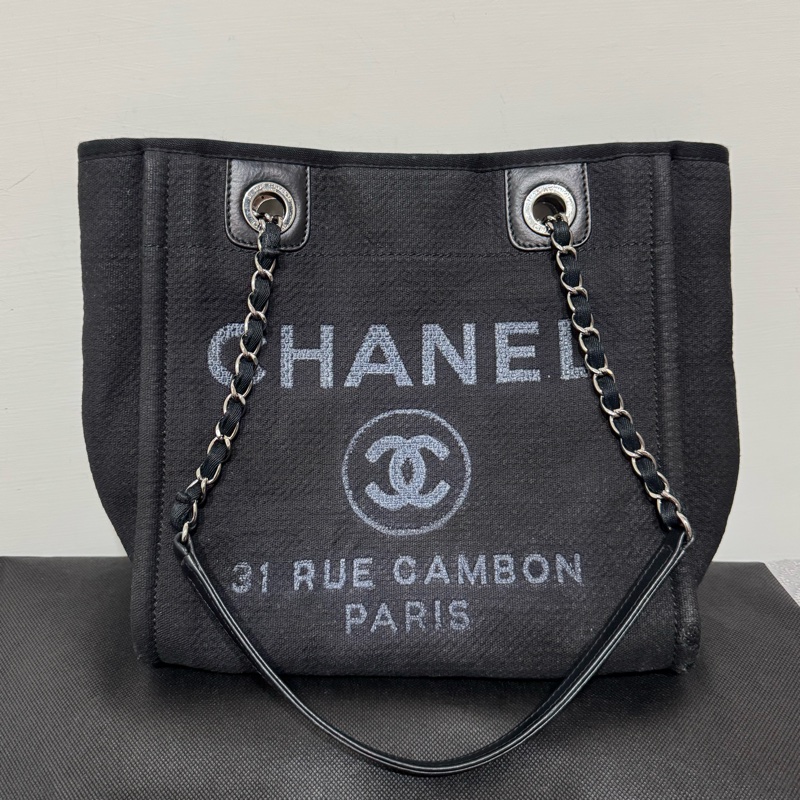 Chanel 水洗牛仔布托特包迷你沙灘包黑銀扣小號-0