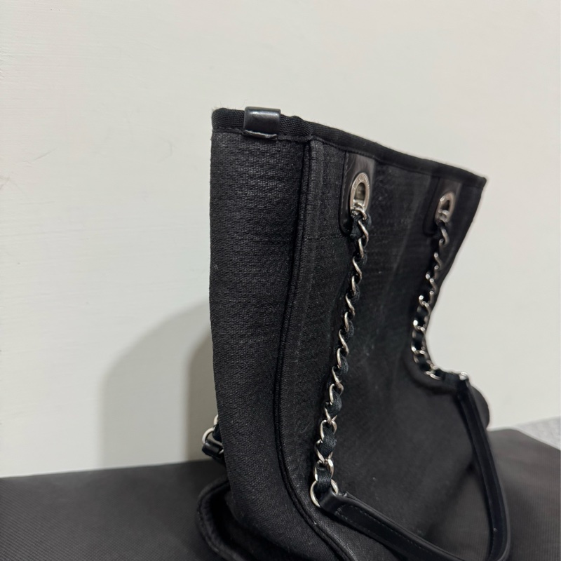 Chanel 水洗牛仔布托特包迷你沙灘包黑銀扣小號-2